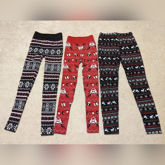 3 pairs of Holiday themed fleece lined leggings Sz M 7-9 EUC - Picture 3 of 10